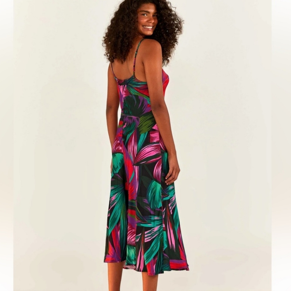 Farm Rio Midnight Leaves Viscose Cut Out Dress Size Medium Satin Slip Tropical - Picture 6 of 6